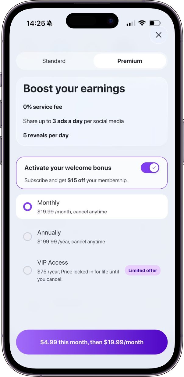 Inwall Premium paywall screen: boost your earnings, welcome bonus, monthly/annual/VIP plans